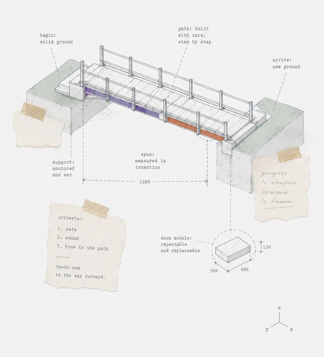 Isometric technical plate: a footbridge spans from solid ground to new ground on anchored supports, its deck built from repeatable modules, with criteria — safe, sound, true to the path — on a note taped beside it